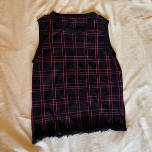 Vintage Black Tank Top with Red/Pink Plaid Pattern and Fun Trim